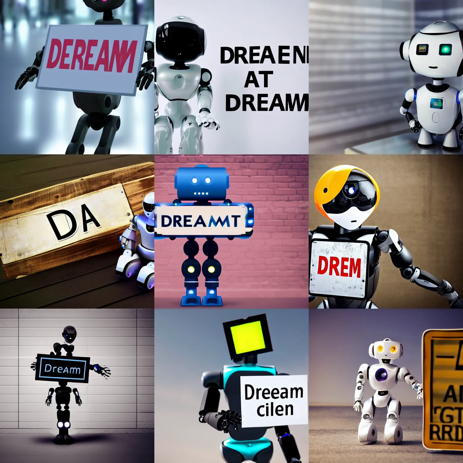 Image similar to artificial intelligence robot holding a sign with text that reads : dream