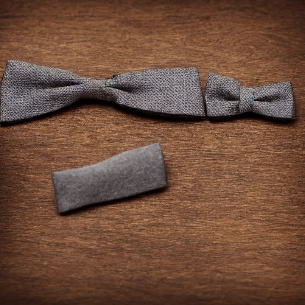 Image similar to close - up view of a bowtie on wooden table, 8 k, high detail, photorealistic, proper shading