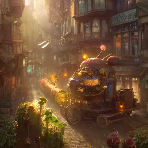 Image similar to a magical fight of vegetables as a magical creatures, cute, clean clear face,in a steampunk city by Greg rutkowski,sung Choi, photorealistic ,8k,cinematic lighting, hd, high detailed, atmospheric, trending on artstation