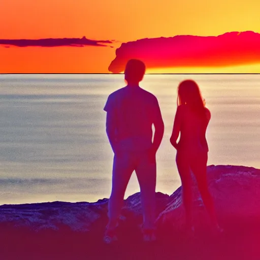 Image similar to a synthwave sunset with a man and woman staring at the sunset