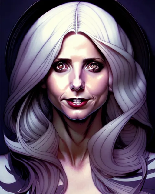 Image similar to artgerm, joshua middleton comic cover art, pretty ghost sarah michelle gellar full body, creepy smile, friendly, symmetrical eyes, symmetrical face, long white hair, inside haunted house