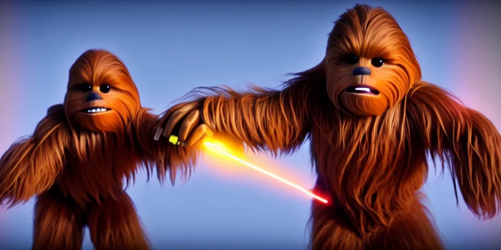 Image similar to a wholesome animation key shot of a chewbacca pixar and disney animation sharp render 3 d animated, cinematic lighting