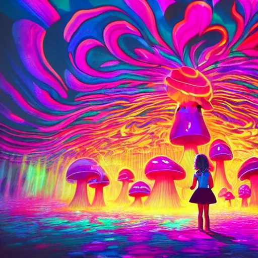 Image similar to Little girl wandering among many giant glowing mushroom clouds, Neon colors, psychedelic art, trippy, 4k, HQ, Trending on Artstation