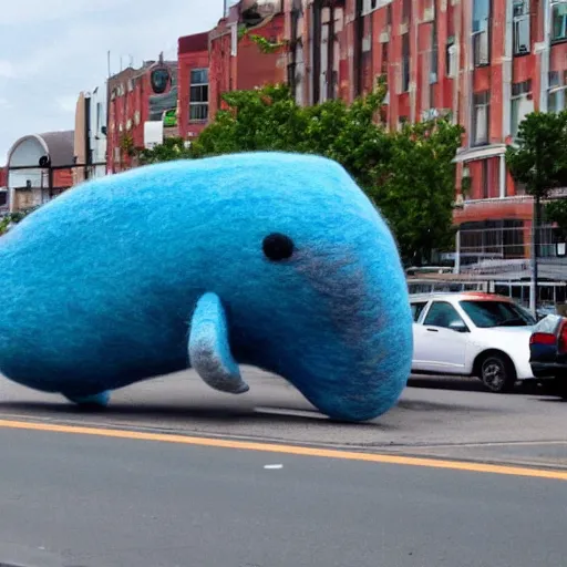 Image similar to photo of a life sized needle - felted blue whale crossing the street