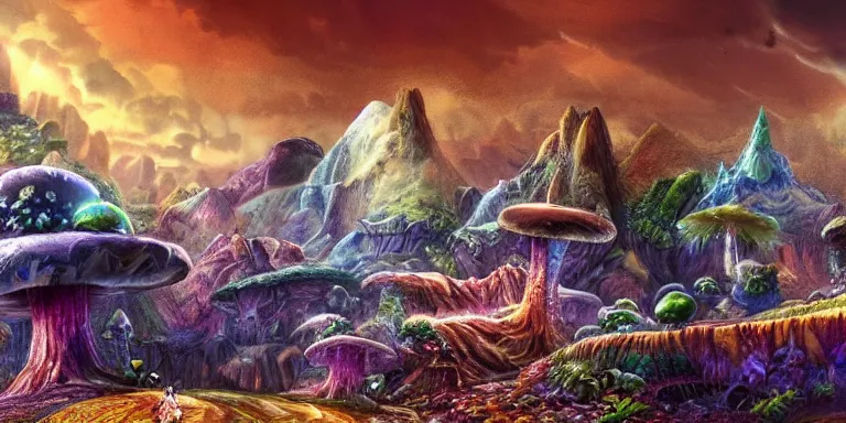 Image similar to a crystal and mushroom ridden world, extinct species, epic land formations, detailed, wide shot,