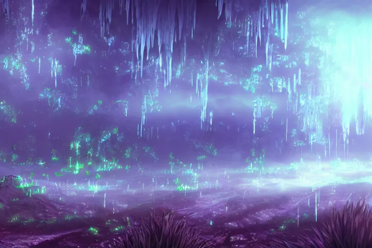 Image similar to scenery artwork, scene beautiful, light essence bioluminescent acrylic and cold nier automata pixiv scenery artwork : nature dream wire vegetation magic density infinite, hypersigil astrology macro seminal dream points of frozen imaginative vaporwave juice fluid dream scenery, high quality astral projection renders, nier automata, concept art