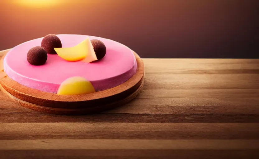 Prompt: A photo of a swedish cake from the side on a wooden table, covered with pink marzipan, some powder sugar and a marzipan leaf. Sunset. 4K. Cinematic lighting. High detail. Realistic. Delicious.