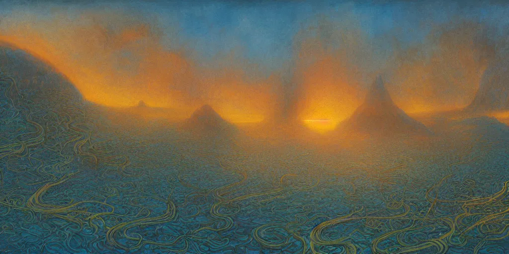 Image similar to Artwork by John Howe of the cinematic view of Jojunan, a breathtaking plane of jungles of blue tentacles, radioactive lakes, and desert valleys, lit by a warm orange twilight.