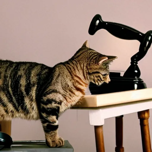 Prompt: photo of a cat laughing wide and hilariously into an old rotary phone that it is holding with its paw to its face. interior home office, at computer deist and keyboard and monitor, tec - supportt, it help, frustration, spilling coffee everywhere