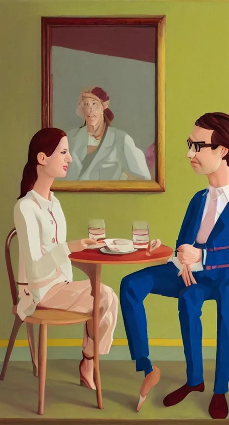 Prompt: creamy, delicious painting, portrait of a couple on a date, by wes anderson