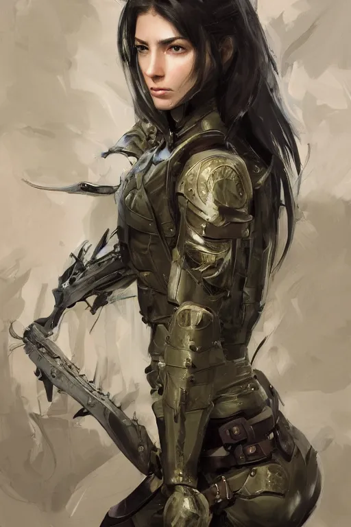 Image similar to a professionally painted portrait of an attractive young woman, clothed in military armor, olive skin, long dark hair, beautiful bone structure, symmetrical facial features, intricate, elegant, digital painting, trending on Artstation, concept art, smooth, sharp focus, illustration, from Metal Gear by Ruan Jia and Mandy Jurgens and Artgerm and William-Adolphe Bouguerea, award winning