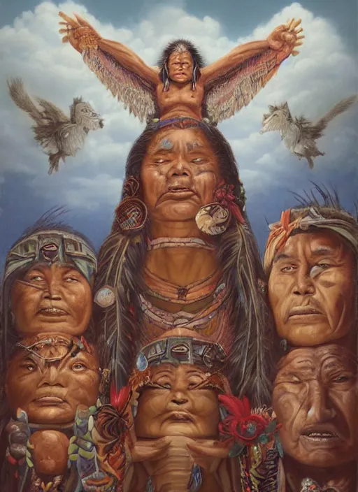 Image similar to faces of indigenous amazonian grandfathers and grandmothers spirits in the clouds, smiling, protection, benevolence, ancestors, detailed faces, symetrical, religious painting, art by christophe vacher and alex gray