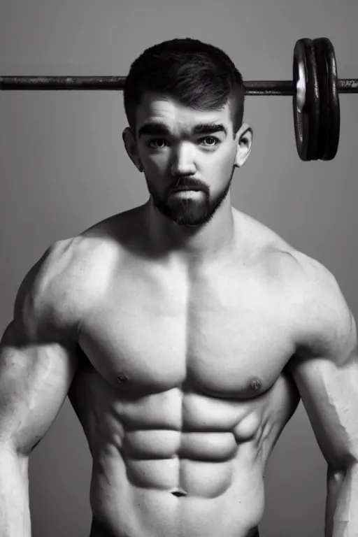 Image similar to 📷 Sean McLoughlin, jacksepticeye, irish youtuber, is a jacked muscle builder gigachad, grayscale photography