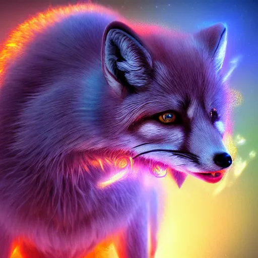 Prompt: Photorealistic magic fox. Hyperdetailed photorealism, 108 megapixels, amazing depth, glowing rich colors, powerful imagery, psychedelic Overtones, 3D finalrender, 3d shading, cinematic lighting, artstation concept art
