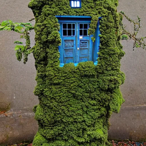 Prompt: award winning photo of an ancient statue of a tardis covered in lichen surrounded by ivy