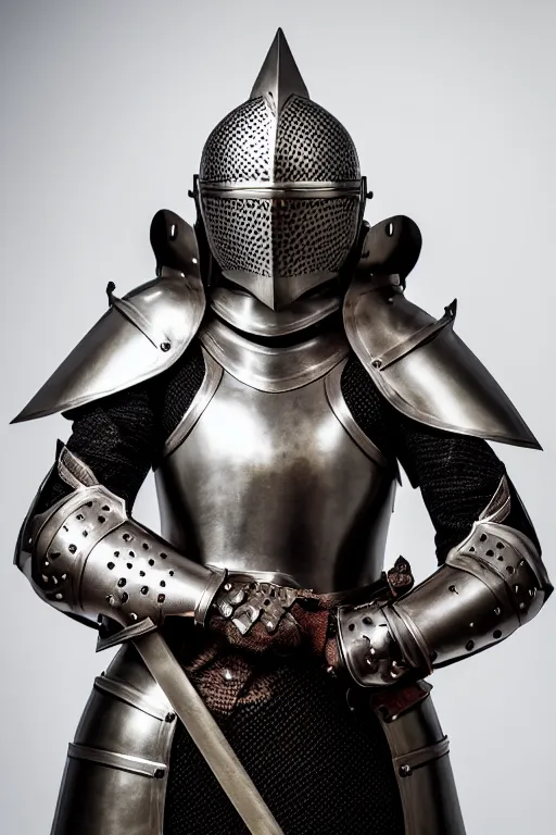 Image similar to medieval female knight, open helmet, symmetrical, cinematic, elegant, demonic atmosphere, professional studio light, real dlsr photography, sharp focus, armor designed by louis vuitton, 4 k, ultra hd, sense of awe