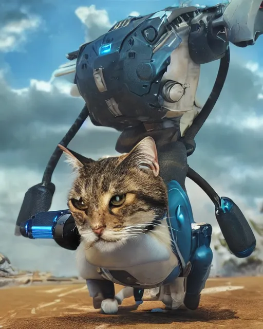 Image similar to cat with jet pack and a laser gun and cyborg blue left eye, standing on his back legs, photorealistic, 8 k render cycles, smooth, complex, insanely detailed, art by woo kim, antilous chao