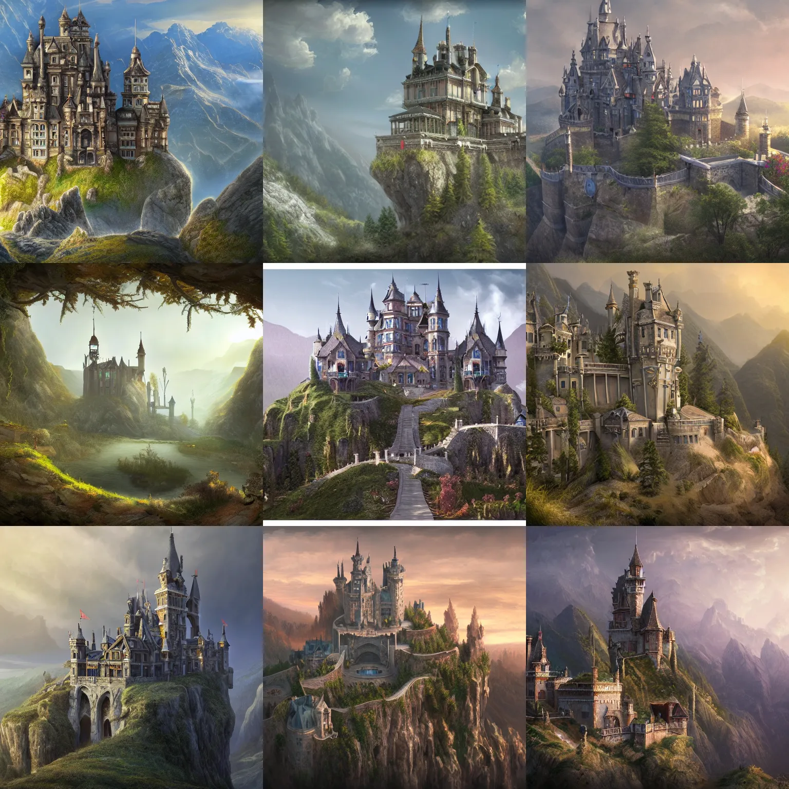 Prompt: Matte painting Landscape. Elaborate elegant castle built on top of a tall mountain. Detailed, intricate, HD, 8k, elaborate, detailed digital art trending in artstation