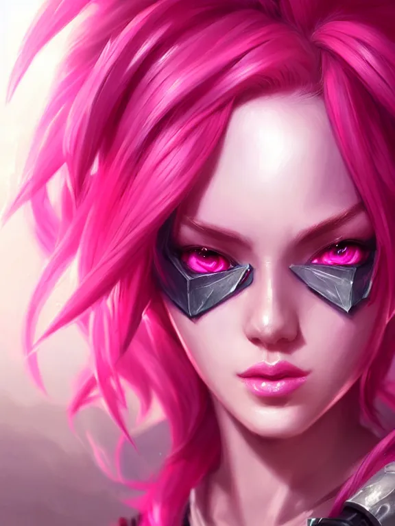 Image similar to a League of Legends FAN ART Portrait of VI, pink hair, short hait, elegant, highly detailed, digital painting, concept art, smooth, sharp focus, illustration, by Patrice murciano ,artstation,deviantart,Unreal Engine,face enhance,8K,golden ratio,cinematic lighting