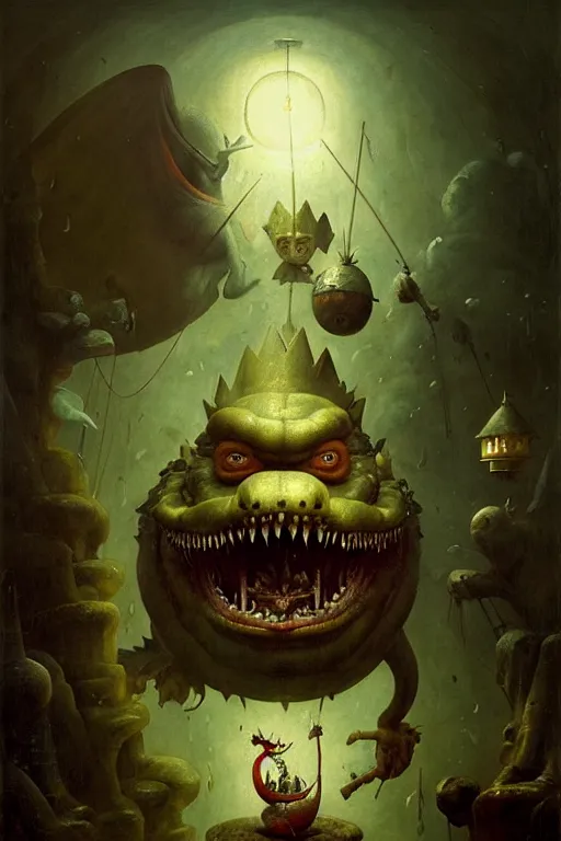 Prompt: hieronymus bosch, greg rutkowski, anna podedworna, painting of king k rool's floating head with huge buff arms growing out of it