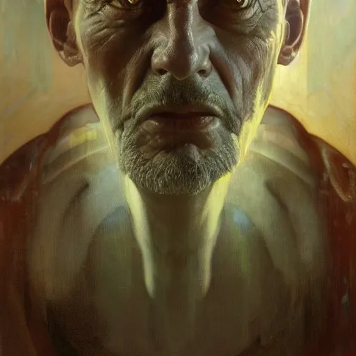 Image similar to hyperrealist portrait of an ancient old alien man with large cruel intelligent eyes and a huge head standing in front of a computer interface by jeremy mann and alphonse mucha and alan lee, fantasy art, photo realistic, dynamic lighting, artstation, poster, volumetric lighting, very detailed faces, award winning, full face, symmetry