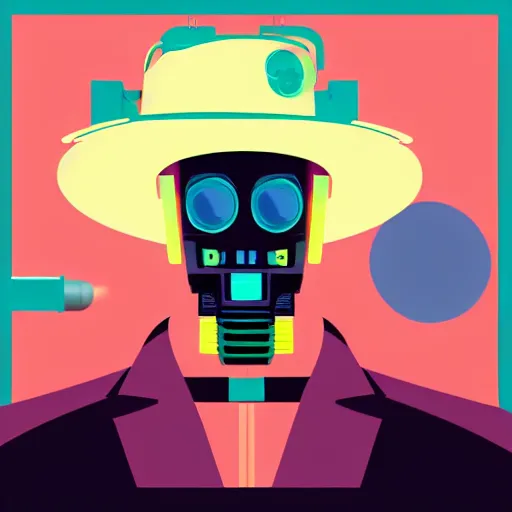 Prompt: a portrait of noir robot detective in retro colors, synthwave style, 2 d digital vector art