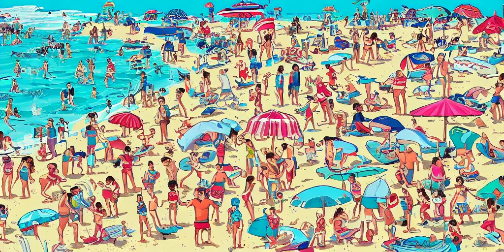 Image similar to a full page spread from the where's waldo at the beach book, high detail illustration, coherent