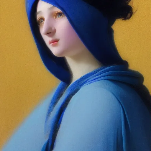 Prompt: a young woman's face, her hair is white and she wears an indigo blue satin cloak, by ivan aivazovsky and syd mead and moebius and gaston bussiere and roger dean and pieter claesz and paul delaroche and aelbert cuyp and willam claesz, hyperrealistic, volumetric light, octane render