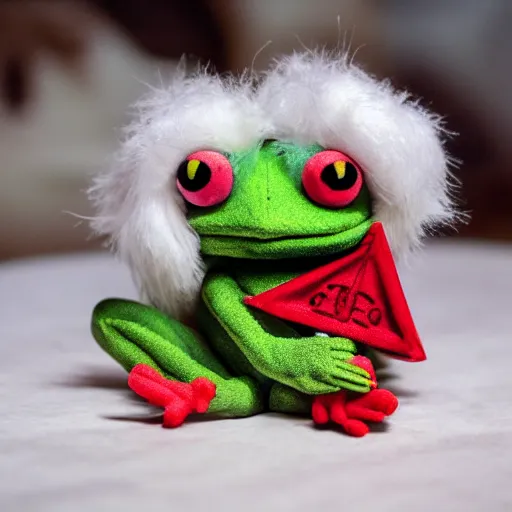 Image similar to frog cleric as an albino chibi muppet plush made entirely from transparent egg white sheer fabric wearing red and green overalls and carrying a tiny sketch book and pencil, photorealistic, photography, national geographic, sesame street