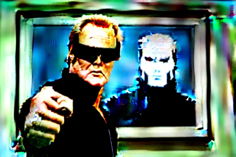 Prompt: lee majors as steve austin, the six million dollar man with the bionic eye, a portrait image at moma museum