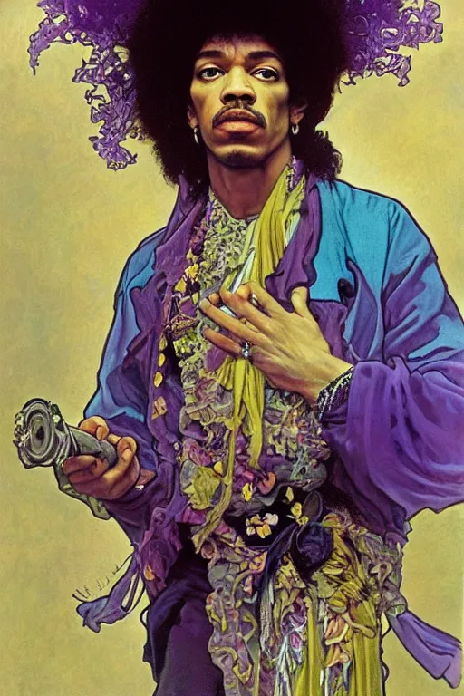 Image similar to A mesmerizing 8k hyperrealistic portrait of a purple jimi hendrix transforming into a purple haze, soft, sharp focus, detailed, art by Alphonse Mucha