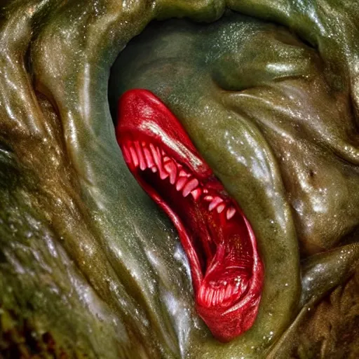 Image similar to a large slimy monster a with very long slimy tongue, dripping saliva, macro photo, fangs, red glowing skin, skin with scales, cinematic, tiny glowbugs everywhere, standing in shallow water, insanely detailed, dramatic lighting