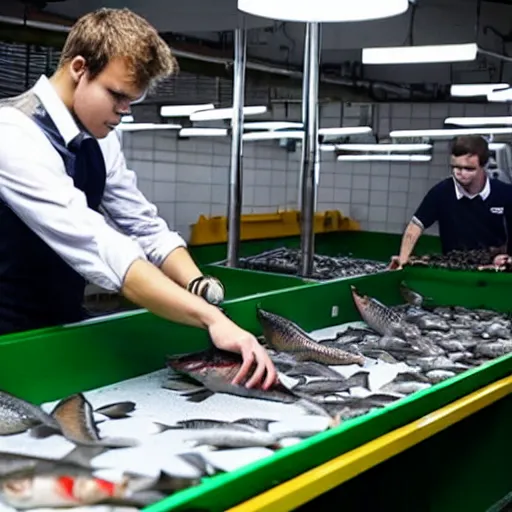 Image similar to Magnus Carlsen gutting fish at a fish factory floor, conveyor belt