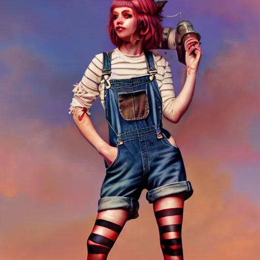 Image similar to full body pose, grungy alice, torn overalls, short shorts, combat boots, fishnets, beautiful, highly detailed face, true anatomy!, extremely detailed!, digital painting, unreal engine 5, art by tom bagshaw