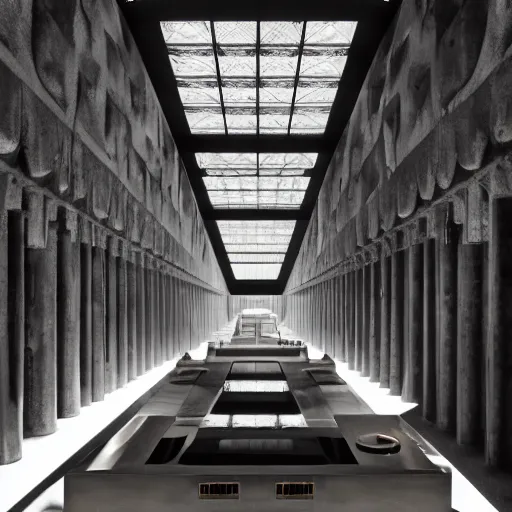 Image similar to architectural digest photo, inside a moody dramatic cavernous huge brutalist cement temple, a giant metallic pyramid made out of high - end hi - fi equipment and futuristic 1 9 8 0's computer screens and displays and computers topped with the giant screaming head of a man, ultra - detailed, photorealistic, volumetric lighting and fog