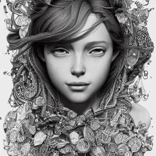 Image similar to the portrait of an absurdly beautiful, graceful, elegant, sophisticated, young teen girl made up of lemons looking up, an ultrafine hyperdetailed illustration by kim jung gi, irakli nadar, intricate linework, bright colors, octopath traveler, final fantasy, unreal engine 5 highly rendered, global illumination, radiant light, detailed and intricate environment