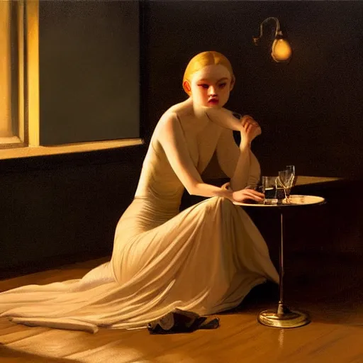 Prompt: a vampire Elle Fanning draining her victim in the world of Edward Hopper, stormy weather, extremely detailed masterpiece, oil on canvas, low-key neon lighting, artstation, Blade Runner 2049, Roger Deakin’s cinematography, by J. C. Leyendecker and Peter Paul Rubens,