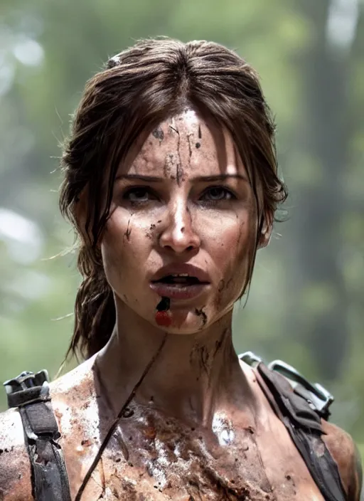 Image similar to a film still of lara croft as cop, her clothes little damaged because explosion, her face muddy and sweat, direct sun light, close up potrait, cinematic,