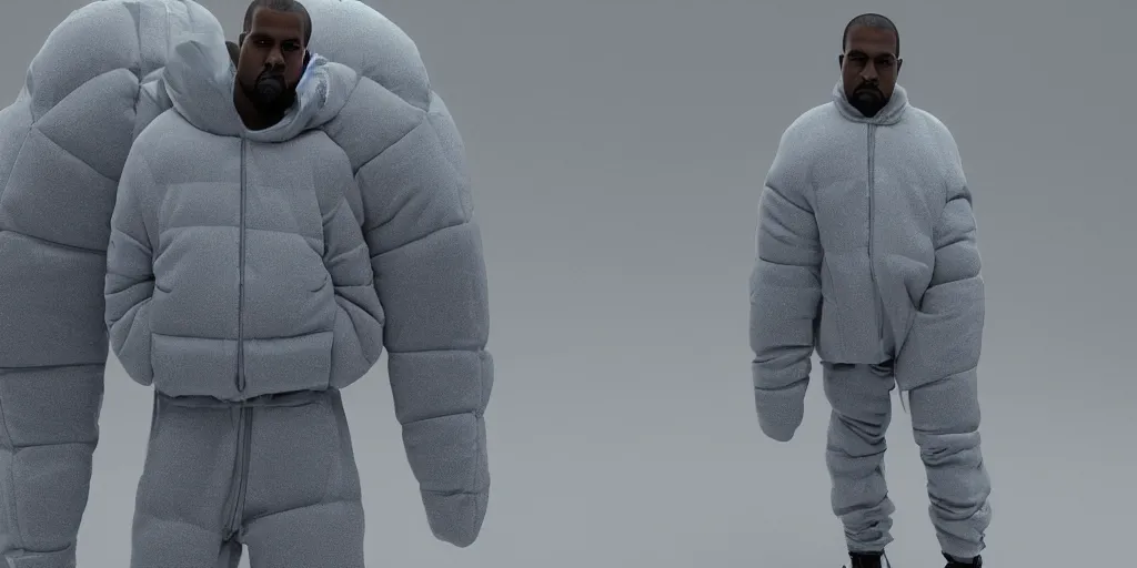 Prompt: kanye west wearing a full black face covering made from a cloth or fabric material, a small, tight and undersized reflective bright blue round puffer jacket made of nylon, reflective jeans pants made of nylon and big black balenciaga rubber boots in 3 d, blender, octane render, 3 d render, realistic, unreal engine, studio light, 4 k, 8 k