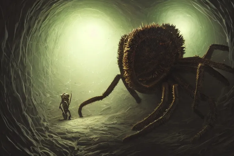 Prompt: a close - up view of a monstrous tarantula in a dark foreboding tunnel, with a lone explorer with a lamp, with cobwebs, in the style of peter mohrbacher, dramatic lighting, atmospheric, low angle, wide angle, hyper - realistic, concept art, highly detailed digital painting, trending on artstation