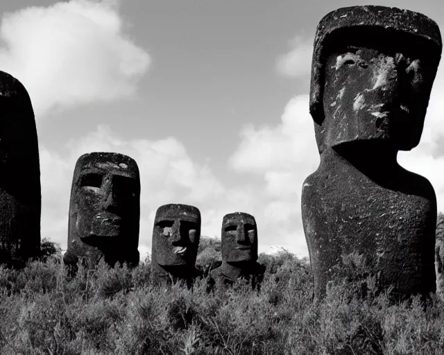 Prompt: black and white noir film. moai, the lords of cannabis. plants everywhere.