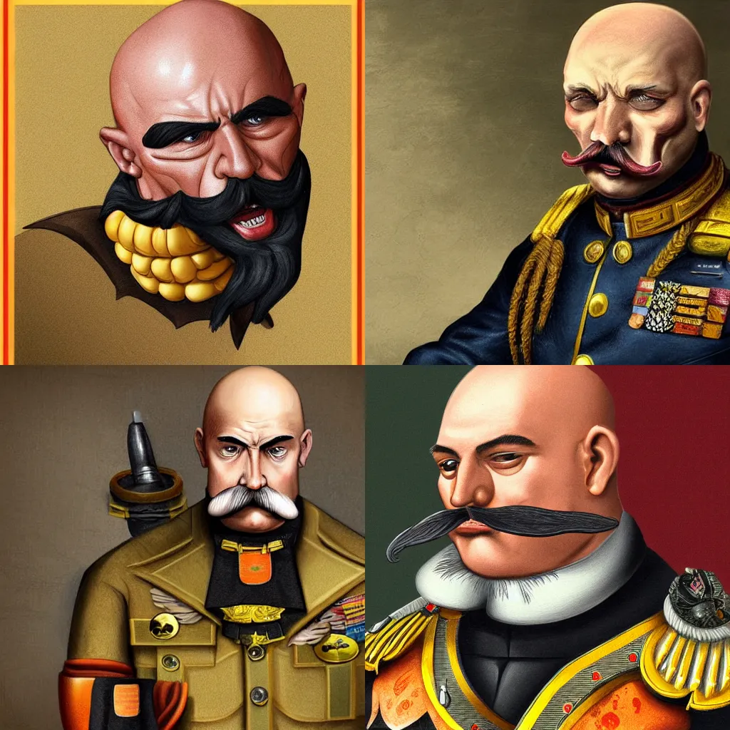 Prompt: an angry muscular army general, thick mustache, bald, orange skin, skull shaped like a pear, with a bright yellow aureola, high-quality digital art, realistic