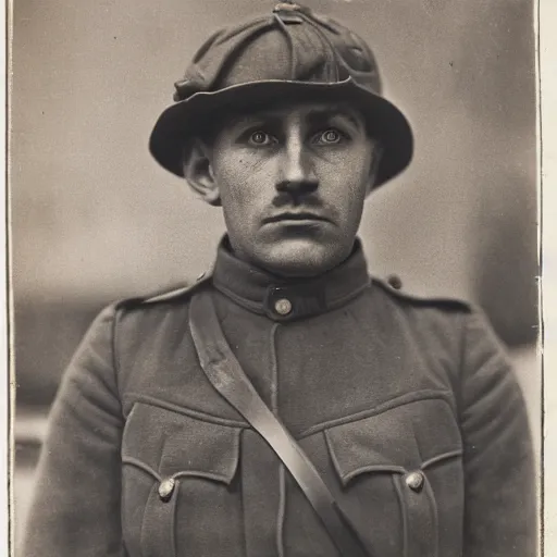 Image similar to World War 1 soldier with horrified expression, portrait, black and white photography