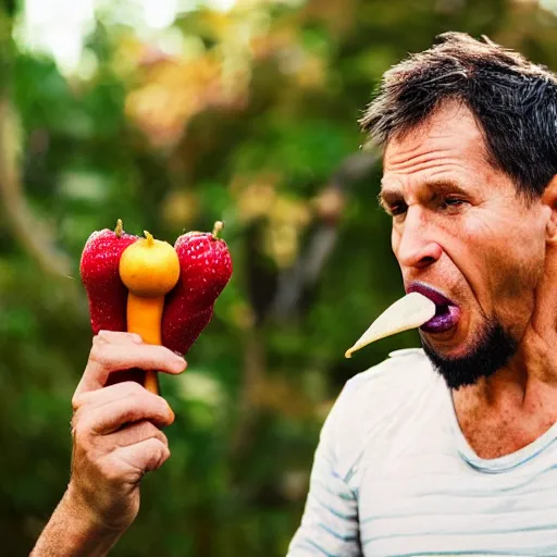 Prompt: a man with a long nose, eating fruits, maniac, crazy, midshot, camera photography, award winning, realistic