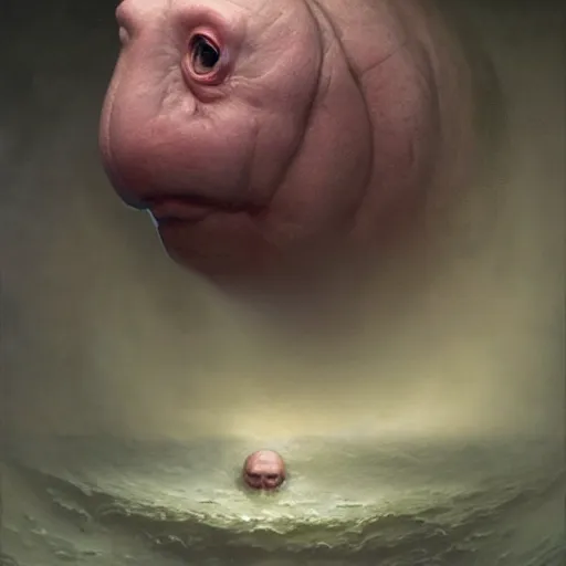 Image similar to anthropomorphic blobfish, vladimir putin blobfish hybrid, blobfish putin face mix, transformation, macabre, horror, by donato giancola and greg rutkowski and wayne barlow and zdzisław beksinski, realistic face, visible face, digital art