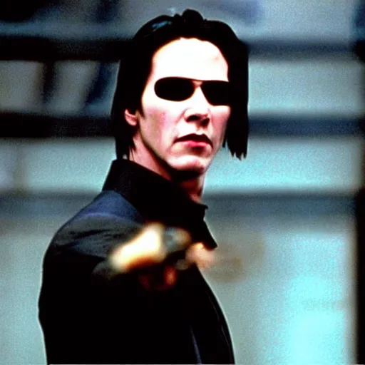 Image similar to movie still from the matrix ( 1 9 9 9 ) of keanu reeves eating a snickers bar