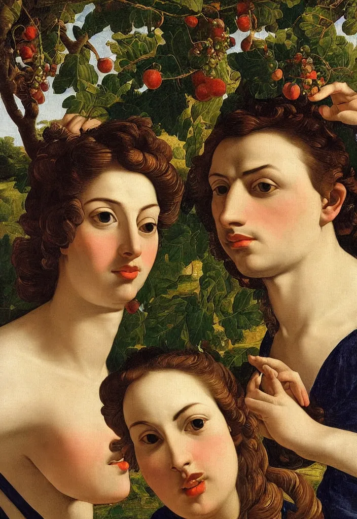 Prompt: men and women, closeup portrait, garden with fruits on trees, ultra detailed, Orazio Gentileschi style, Guido Reno style