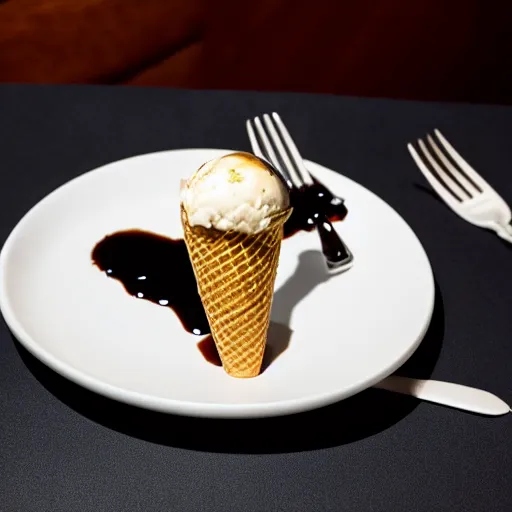 Image similar to photograph of a formal presentation of an ice cream cone on a plate with a balsamic reduction glaze and strange cutlery in a fancy avant-garde restaurant