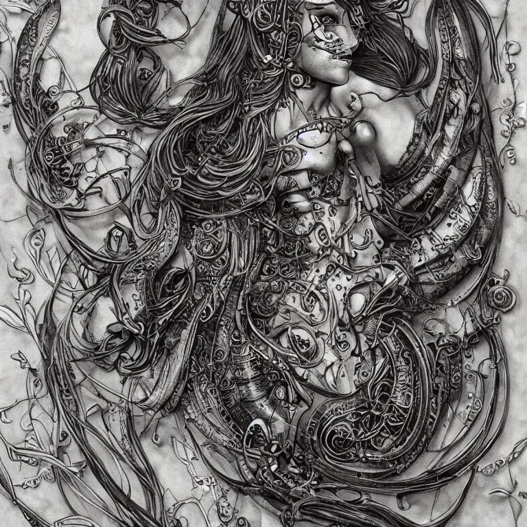 Image similar to ultra realistic illustration of a mermaid cyborg steampunk art nouveau filgree scrollwork, masterpiece, intricate, highly detailed, sharp