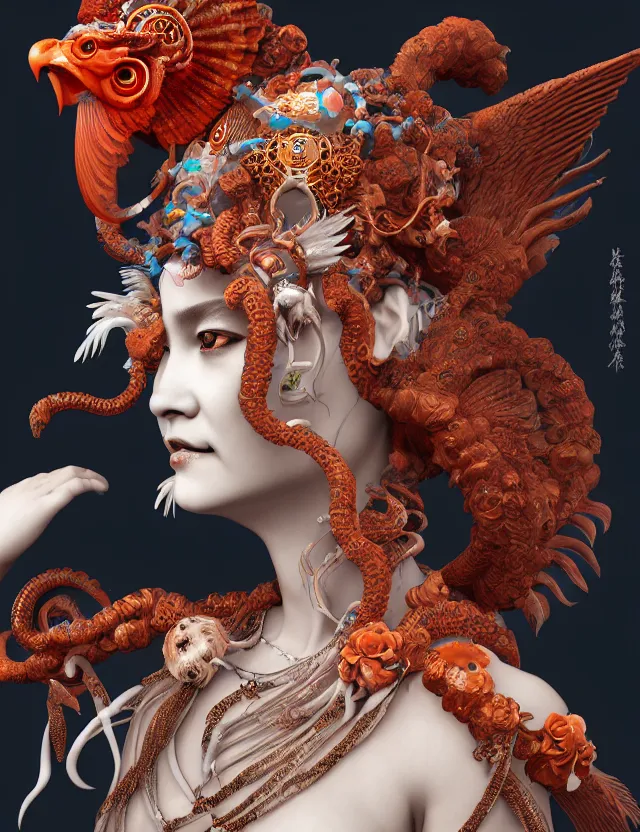 Image similar to 3 d goddess of hell close - up profile portrait with ram skull. beautiful intricately detailed japanese crow kitsune mask and clasical japanese kimono. betta fish, jellyfish phoenix, bio luminescent, plasma, ice, water, wind, creature, artwork by tooth wu and wlop and beeple and greg rutkowski